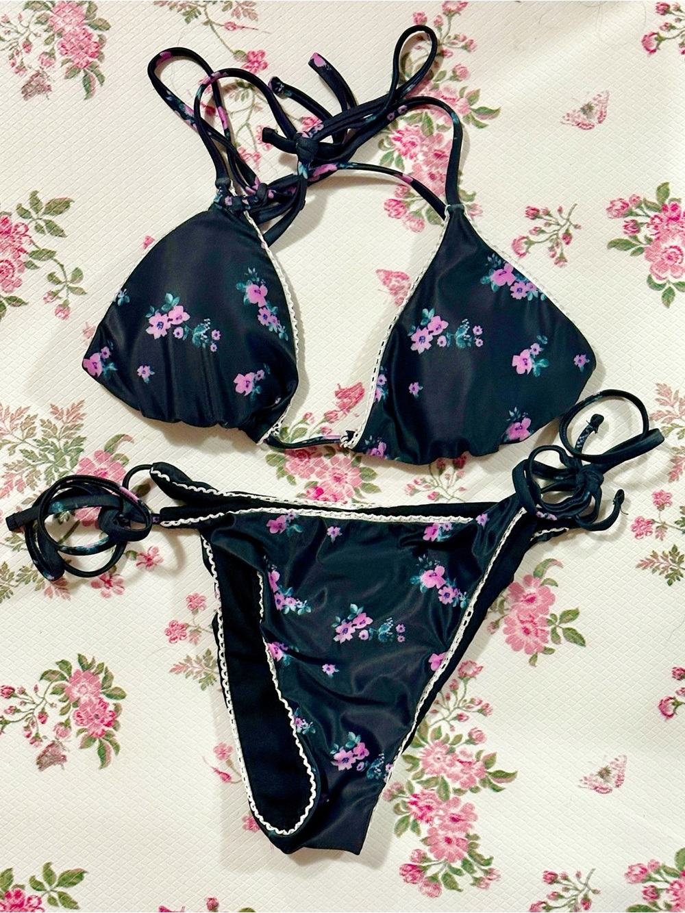 Women’s Black Floral Tie-Side Silky Bikini - Pink Floral Print